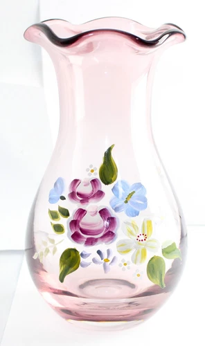 Fenton Twilight Purple Glass Hand Painted Flowers Wildflower Ruffle Top Vase 8.5