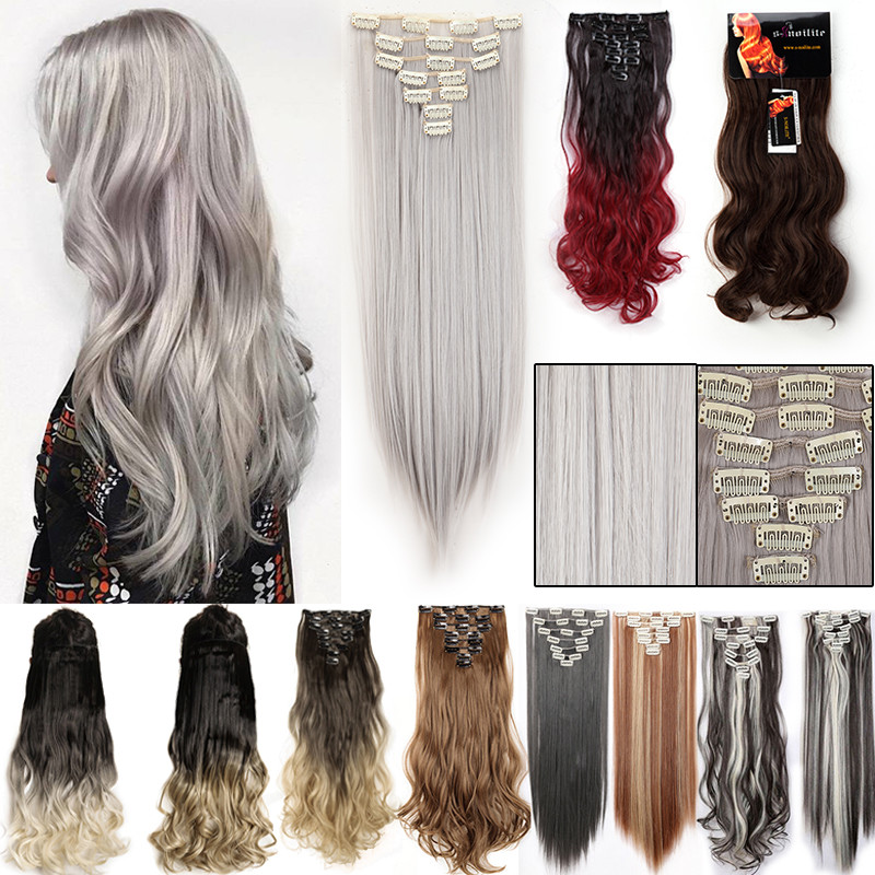US Premium Clip in Pieces Set as Human Hair Extensions Full Head Natural  Grey