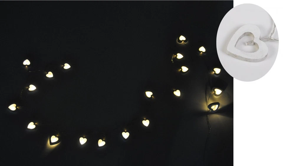 B-Ware 20 LED Herzen-Lichterkette Holz Deko Batterie Leuchtkette Beleuchtung