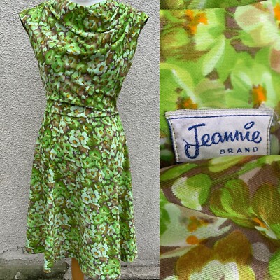 VINTAGE 50 s JEANNIE GREEN FLORAL DECO 30 s Style FIT FLARE TEA DRESS 10 12 