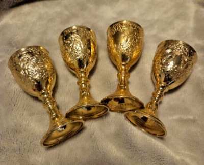 Set of 4 Corbel & Co. Gold Plated Goblets   Ornate Floral Decorative Chalice Set