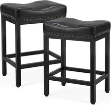 Set of 2 Black Counter Height Stools Bar Stools 24 inch Bar Leather Saddle Stool