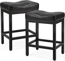 Set of 2 Black Counter Height Stools Bar Stools 24 inch Bar Leather Saddle Stool