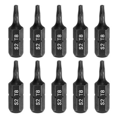 10pcs T8 Torx Screwdriver Bit with 1/4'' Hex Shank 25mm Length S2 Steel, Black