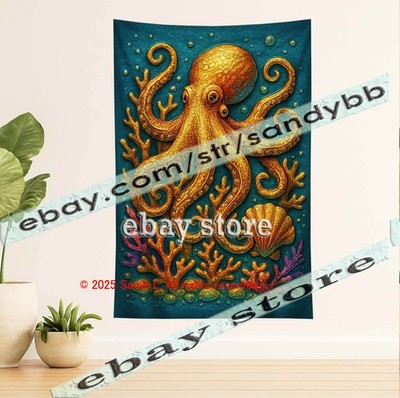 Octopus Tapestry Deep Sea Life Wall Hanging marine creature art 39X59 in