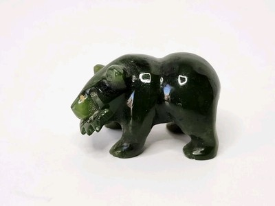 #ad Miniature Jadite Bear With Fish Sculpture 1.25quot; L Grizzly With Salmon $14.97