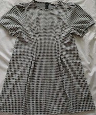 EUC WOMEN LOFT GREY CHECK GINGHAM PUFF SHORT SLEEVE STRETCHY SHIFT DRESS SIZE 14