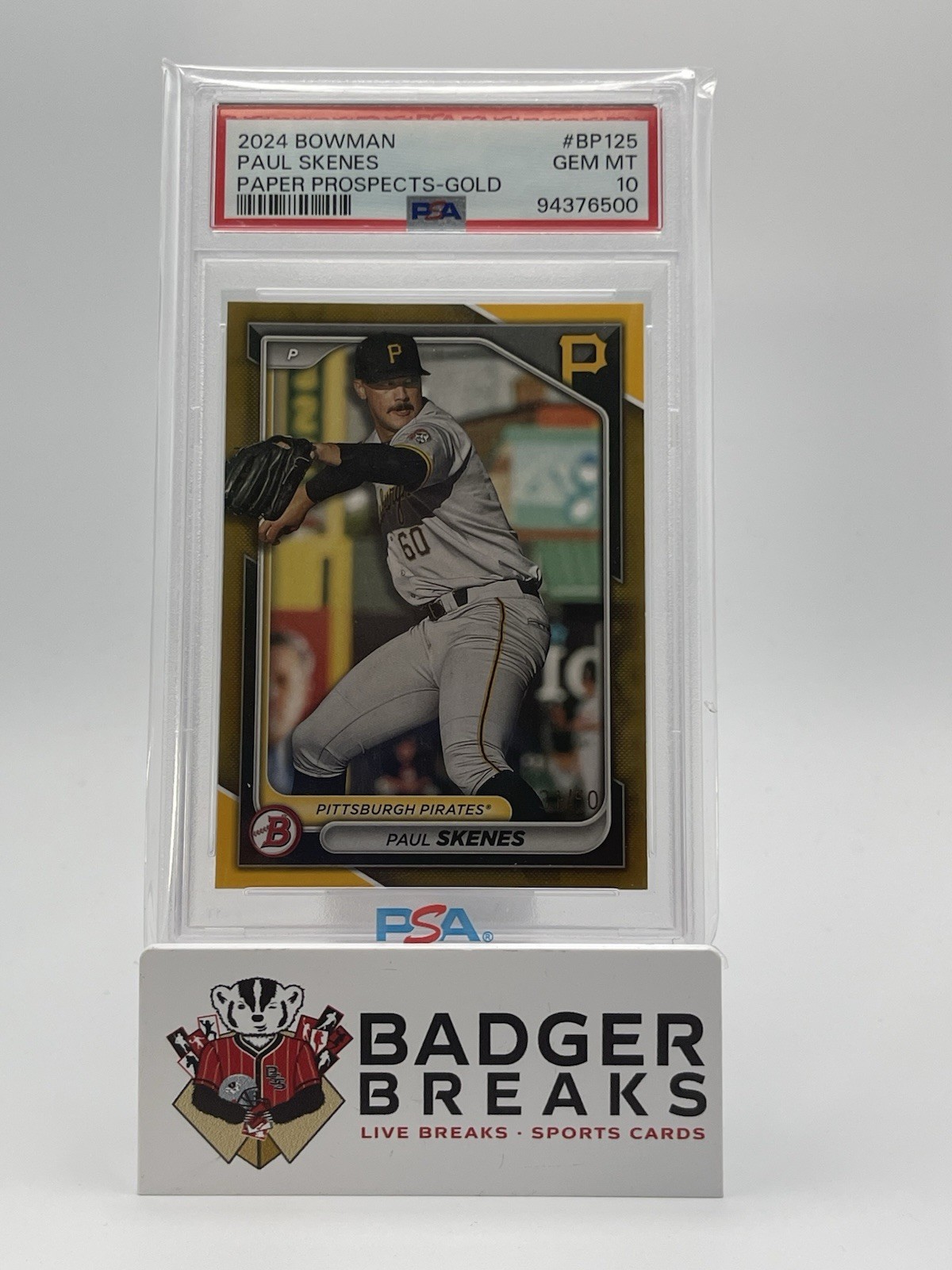 2024 Bowman #BP125 Paul Skenes Paper Prospects Gold #/50 PSA 10 GEM MT KM view 1