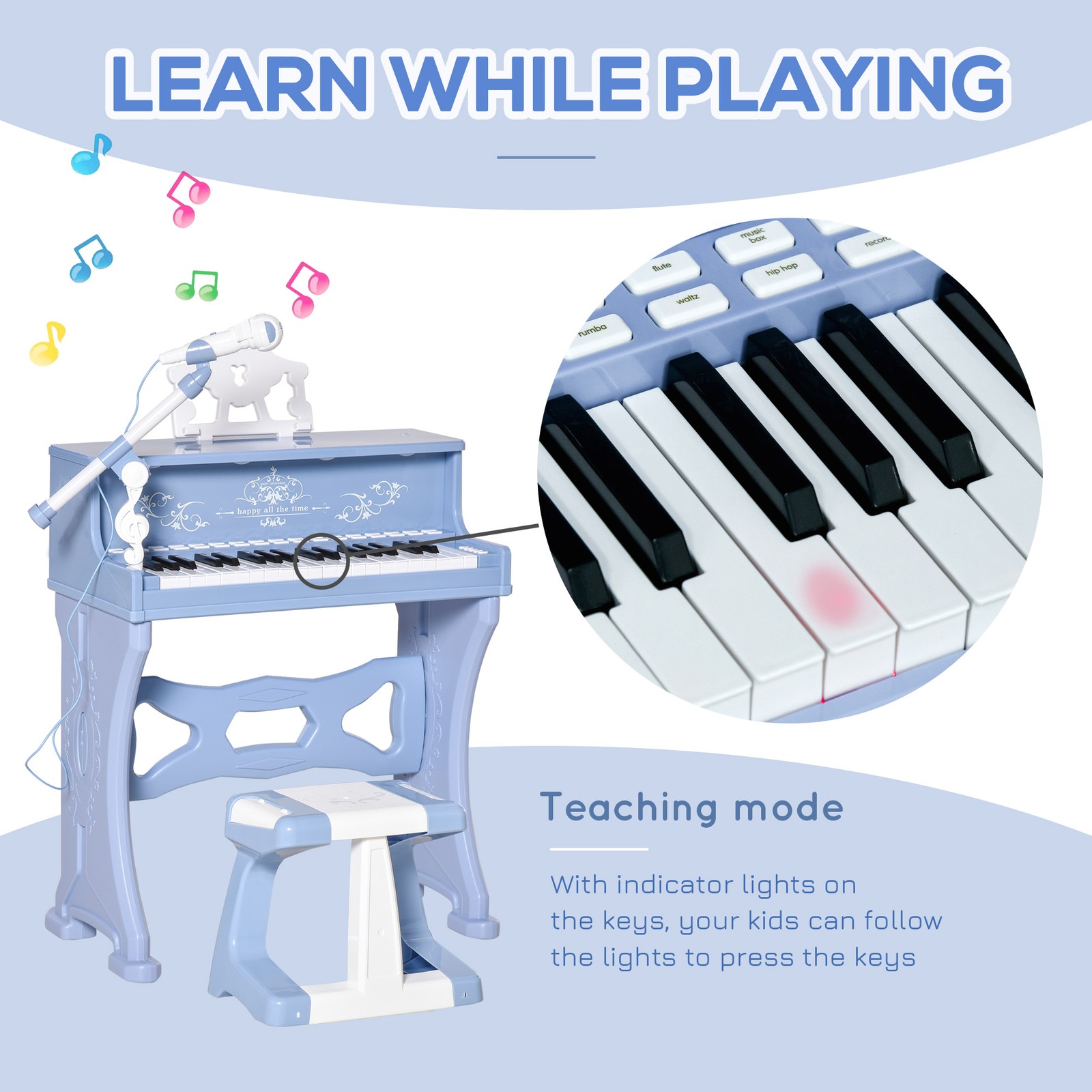 HOMCOM 37 Tasti Tastiera Batteria Pianoforte Bambini Microfono Sgabello Gioco Educativo foto 6