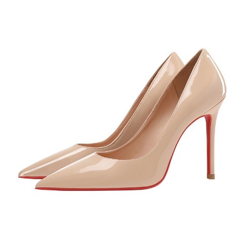 High-heeled shoes, black, patent leather,pointed toe, low-heeled, , single shoes