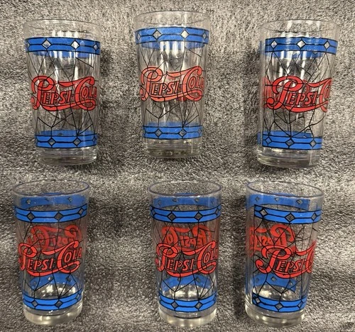 Vintage 1970’s PepsiCola Stained Glass Tiffany Drinking Glasses (Set of 6)