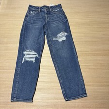 NEW American Eagle Mom Straight Jeans Womens 4 Blue High Rise Stretch Distressed
