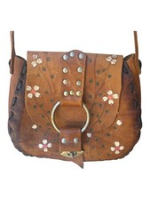 Vintage 1970s Hand Tooled Painted Leather Saddle Bag Boho Hippie Floral