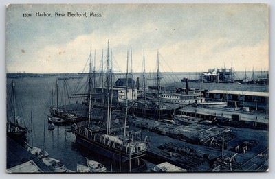 New Bedford MA Harbor Whaling Ships Antique Postcard