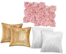 6 Pcs Decorative 3D Rose Flower Pillow Cover, 16 x 16 Inch Pink, White, Gold