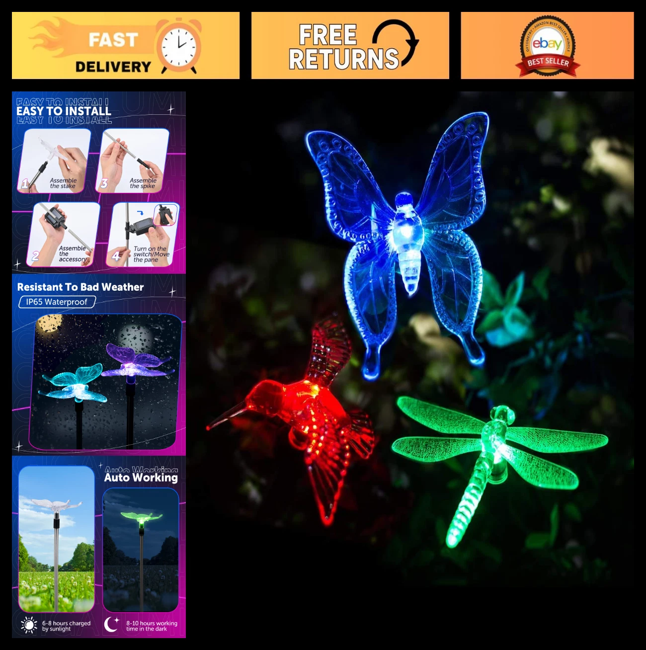 Solar Garden Lights - 3 Pack Color Changing Butterfly LED Decor for Pathway, Law
