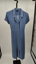 Quince Women Chambray Tencel Button Front Dress Basic Sleeved Blue S