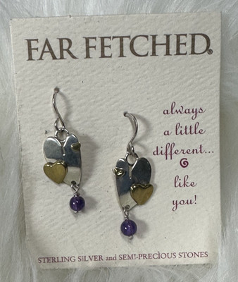 NEW Vintage FAR FETCHED Heart Trio Earrings .925 Sterling Silver w/ Amethyst