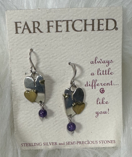 NEW Vintage FAR FETCHED Heart Trio Earrings .925 Sterling Silver w/ Amethyst