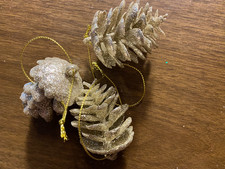 3 Plastic Gold w Glitter Pinecone Christmas Ornament 2"