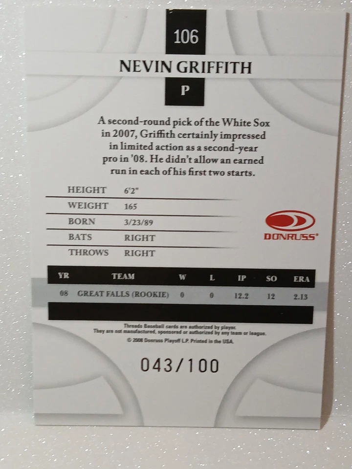 2008 Donruss Threads#106 NEVIN GRIFFITH 043/100  - Image 2 of 2