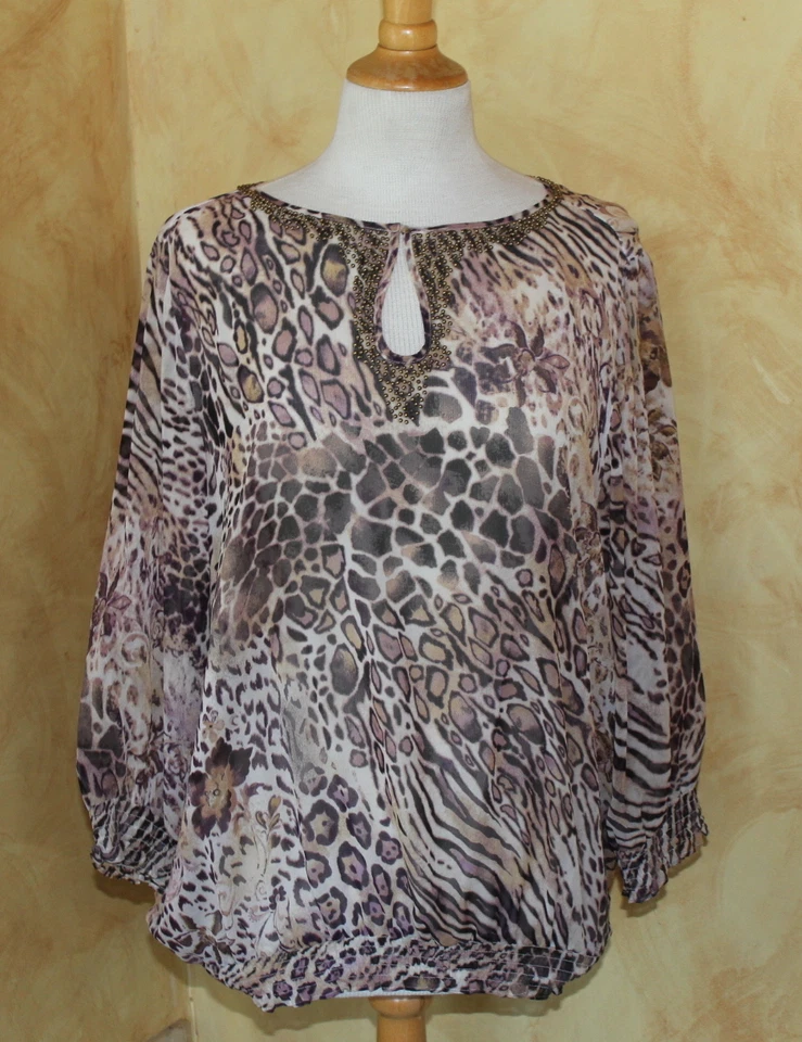 Chico's Soie Art-To-Wear Perlé Neutres Floral Animal Haut Tunique Imprimé Sz 2 L - Photo 1/4