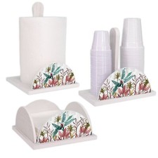 Set 3 pz Porta Bicchieri Tovaglioli e Rotolo in legno white BANANA LEAVES Cucina