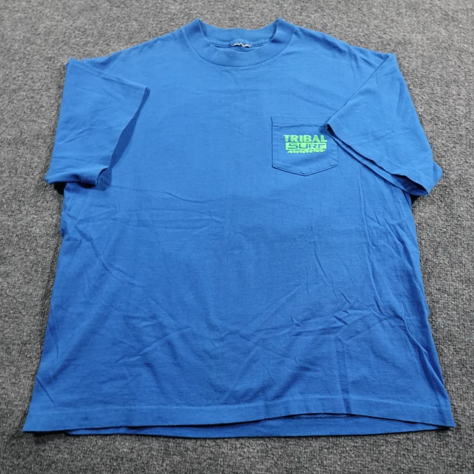 Camisa de Surf Tribal Vintage Hombres L Azul Puntada Única Bolsillo Estampado Hinchado Años 80 13060 Foto 2 de 4