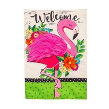 OPEN FLAG Floral Flamingo Welcome Evergreen LINEN Garden Flag 12.5 x 18