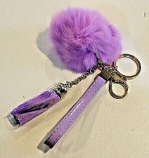 Violet Faux Fur Pom Gold Purse Clip Keychain With Faux Leather Handle A - NEW