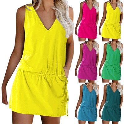 Holiday Party Dress Womens Summer Sleeveless V-neck Beach Bikini Dress Cover Up