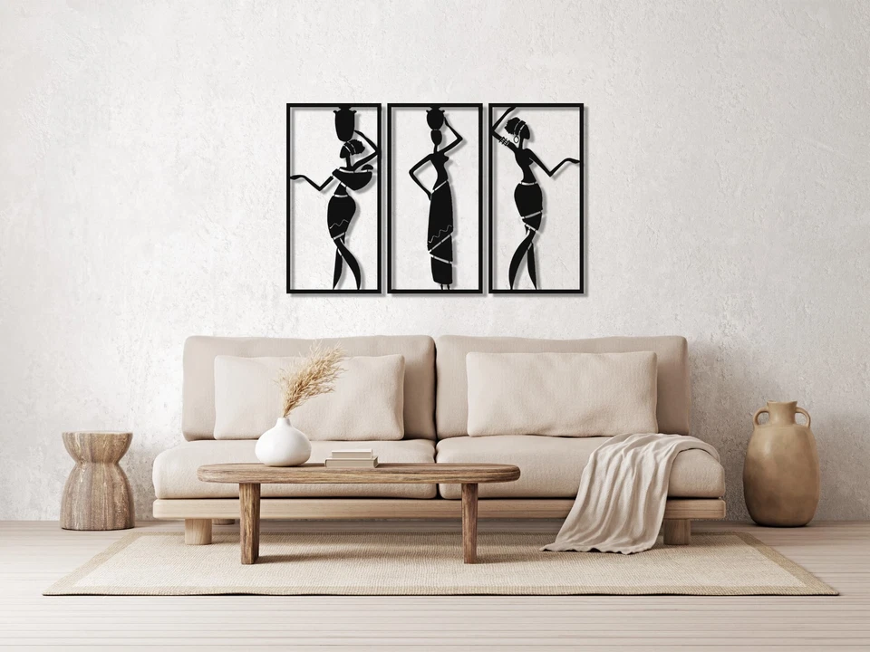 Arte de pared de metal para mujeres africanas de 3 piezas, decoración de pared para mujeres negras, escultura de pared Foto 4 de 4