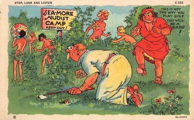 Sea-More Nudist Camp Peeping Tom Golfer & Angry Wife Vintage Linen Postcard