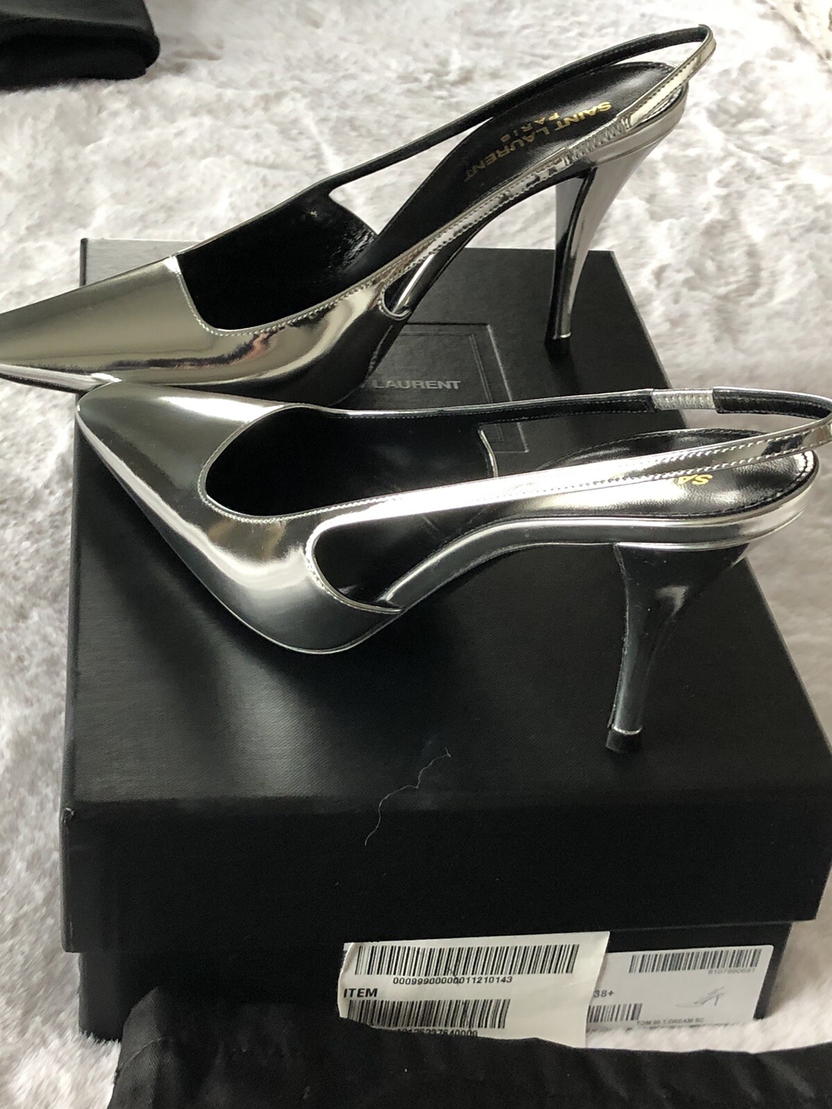 Saint Laurent Tom 90 pompa slingback in pelle specchiata argento taglia 38 5