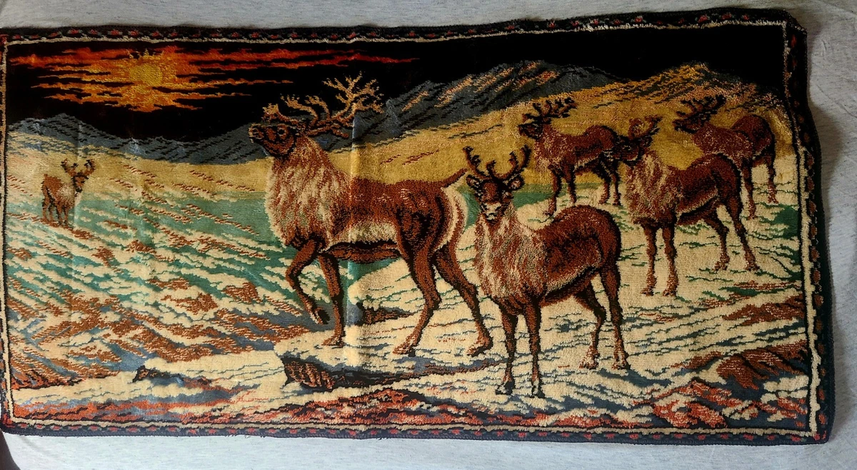 Vintage Velvet Tapestry Deer Elk Wall Hanging Italy 19
