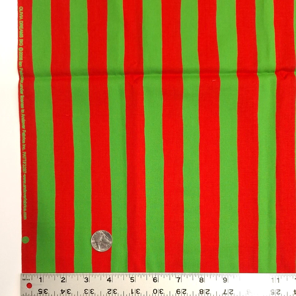 Rot grüne Streifen Olivia Dreams Big Ian Falkner Andover Baumwollstoff 1 YD x44"