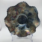 Vintage Cobalt Blue Carnival Glass Bowl Grape & Leaf Pattern Ruffled Edge