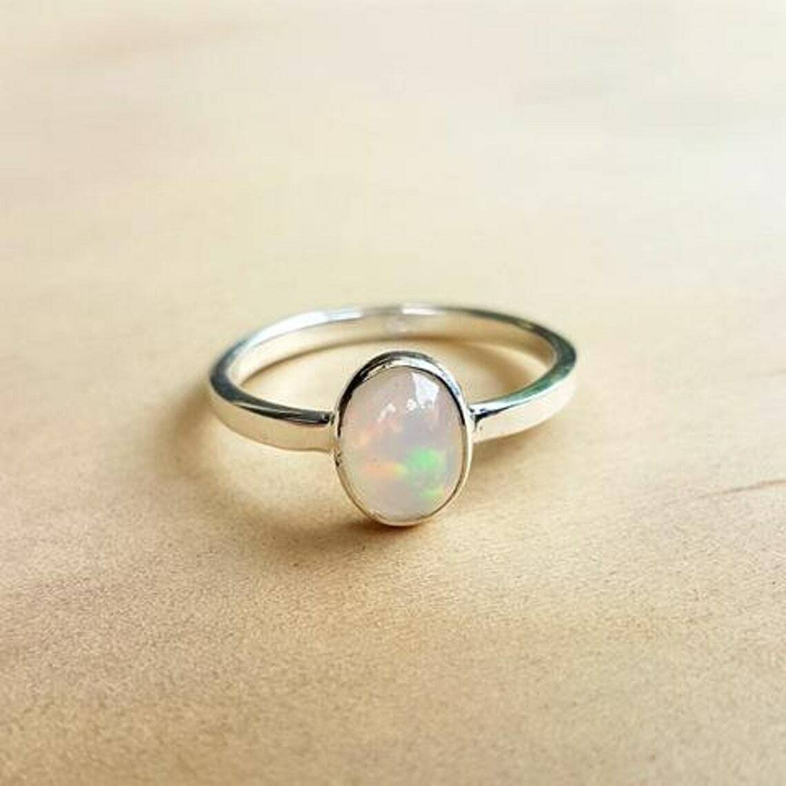 Natural Opal Ring October Birthstone Ring Stacking Ring 925 Sterling Silver Ring