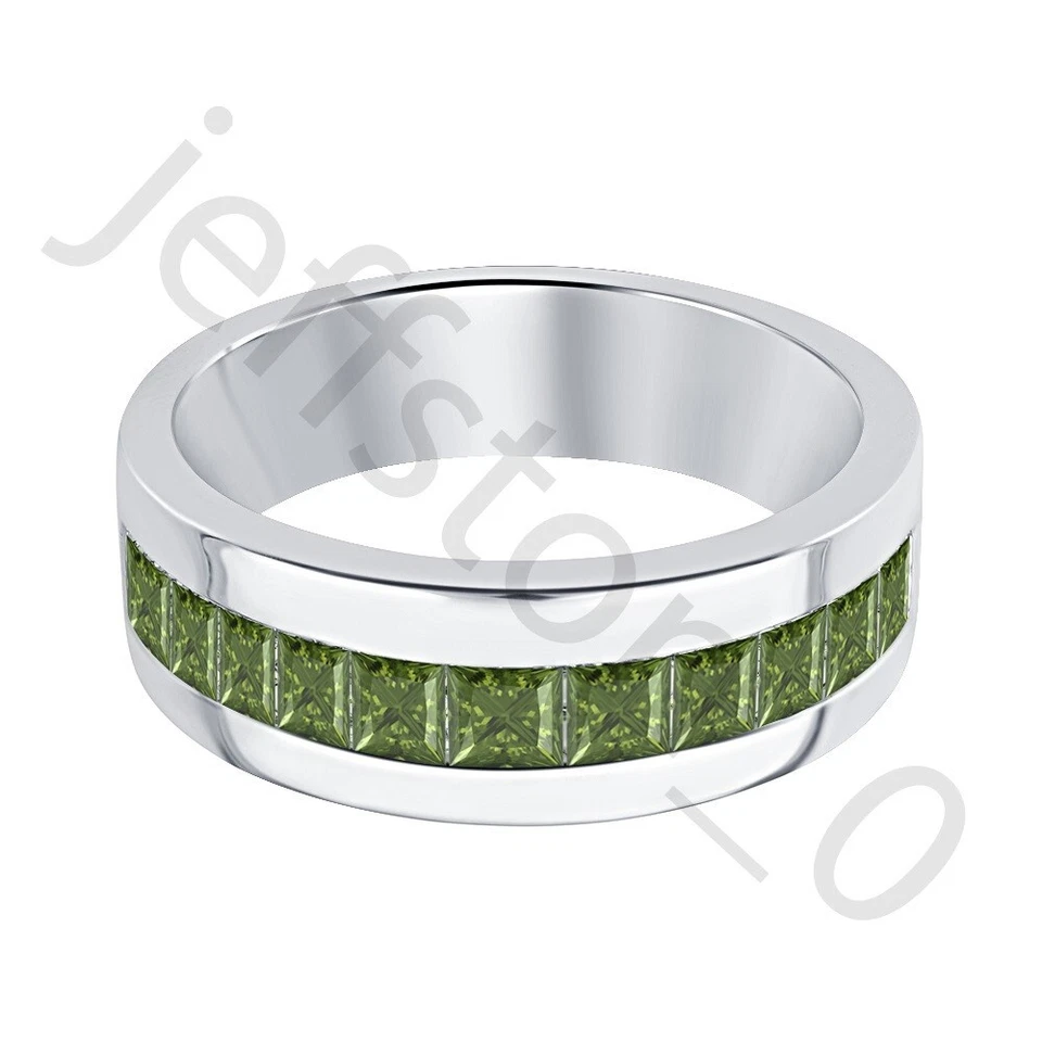 Anillo de boda de oro blanco de 14 quilates de turmalina verde creado en laboratorio de 0,80 quilates sobre alianza para hombre Foto 2 de 4