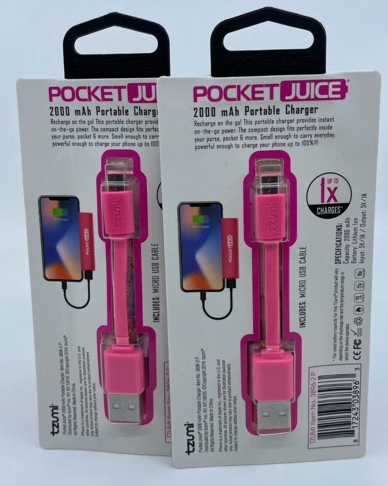 2 Pack! Tzumi Pocket Juice Rechargeable, Ready to Use Portable 2000 mAh