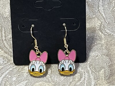 Daisy Pink Bow Duck Cartoon Enamel Gold Dangle Adorable Earring Set