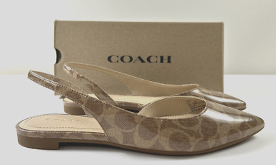 NEW COACH Size 7 Women's Flat Sandal Tan SIG  C VALERIE Coated Cotton Slingback