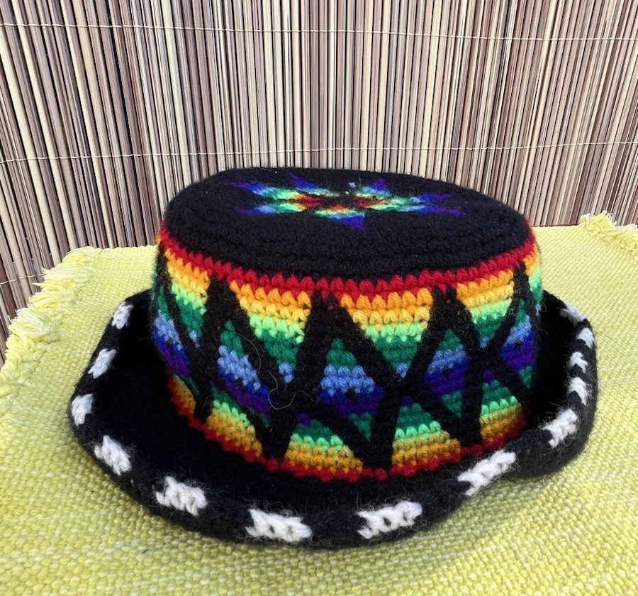 Handmade Crochet Bucket Hat Psychedelic Rainbow Festival Rave Boho Cap Hippie