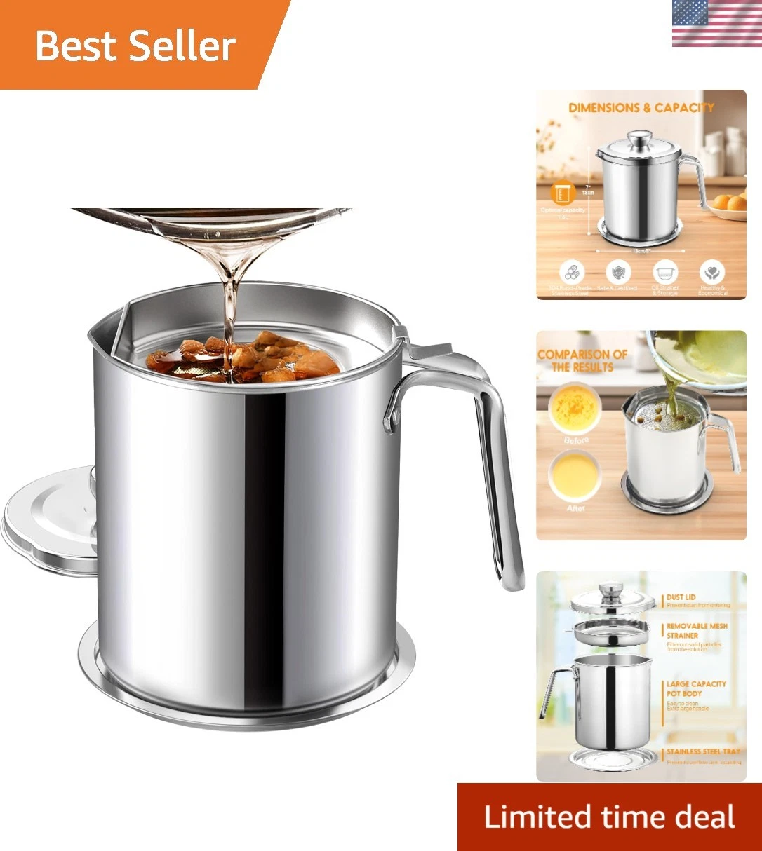 Contemporary Kitchen Grease Keeper with Fine Mesh Filter - Easy Clean & Maintain