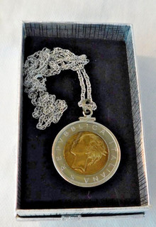 Italy Lire Coin Vintage Pendant Necklace 12K White Gold filled Rope Chain