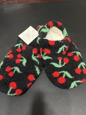 Target Slipper Socks Womens M/L 8-10 Black Red Cherry Fuzzy Grippers NEW