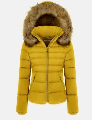 BodiLove Women's Yellow Puffer Jacket Fur Trim Removable Hood Fleece Lining