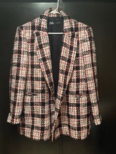 ZARA Women  s Plaid Blazer Jacket L Black White Red Lined Button Pockets