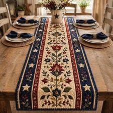 Patriotic Quilted Table Runner, Americana Folk Floral Independence Day Decor