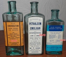3 ANTIQUE COLOURED LABELS GRADUATED SET CURE MEDICINES VERY RARE LABELS -ONE OFF